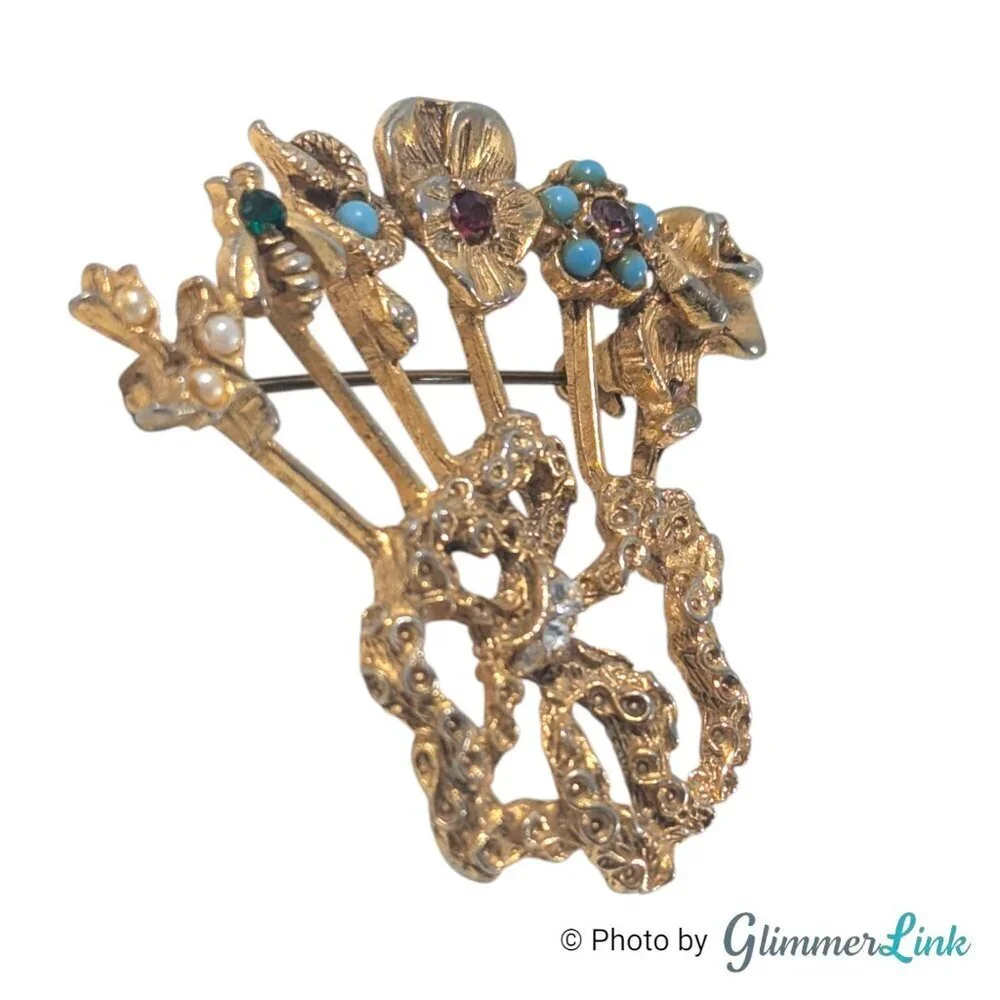 Vintage Victorian Revival Stick Pin Cluster Brooch Floral Bee Design 1960s